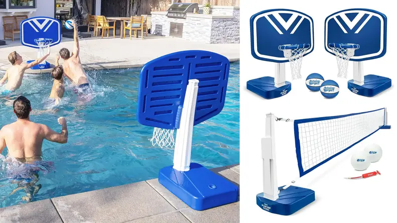 Four people play pool basketball on a pair of hoops on left. On right, two pool basketball hoops with water basketballs and a pool volleyball net with two volleyballs and a pump.