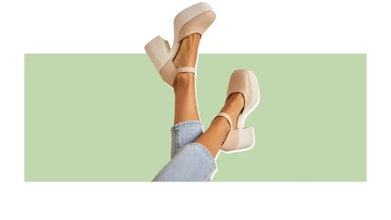 A platform Mary Jane shoe with a chunky heel.