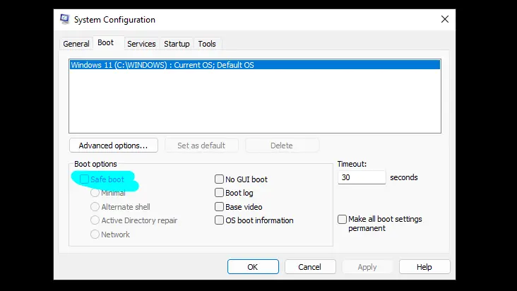 Screenshot of msconfig's boot menu