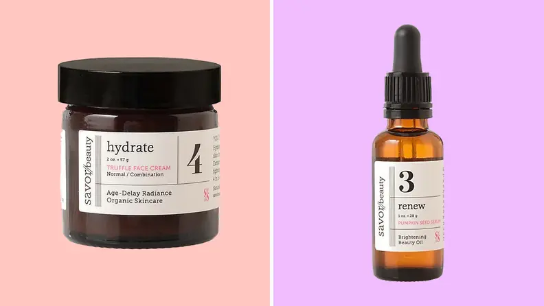 An image of two Savor Beauty products, the first a moisturizing cream, the second a rejuvenating serum.