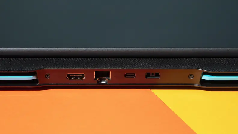 A close up of connectivity ports on the backside of a laptop