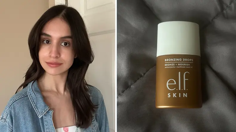 Portrait of a woman with long brown hair wearing makeup and a bottle of E.L.F. Bronzing Drops.
