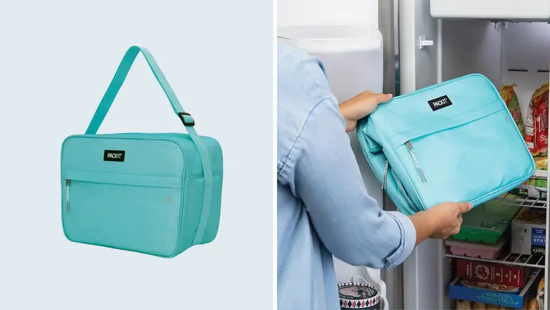 Left: PackIt Freezable Zuma Lunch Bag in teal against a light background. Right: a person putting the collapsed lunch bag into a freezer.