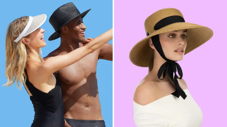 A man and woman in swimwear look off to the side, the woman wears a white visor and the man wears a straw fedora. On the right, a woman wears a large straw hat with a black sash.
