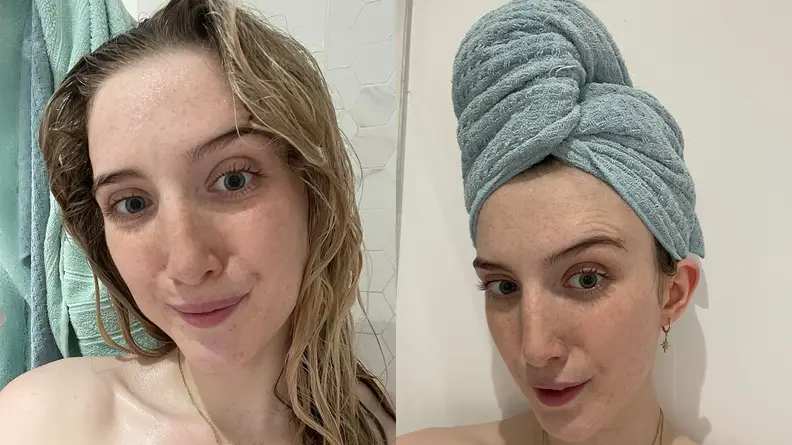On the left: The author smiles at the camera with her post-shower wet hair laying against her shoulders. On the right: The author has her wet hair wrapped up in the Aquis Waffle Luxe Hair Towel.