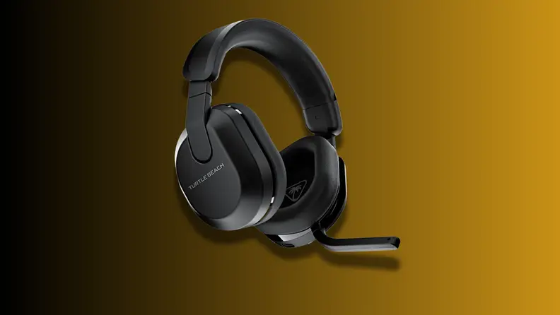 A gaming headset on a black and gold ombre background