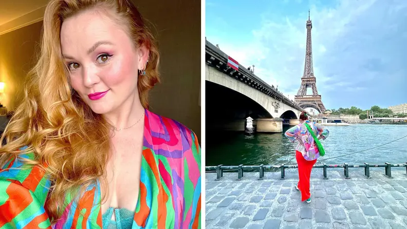 A close-up photograph of the author wearing a colorful printed dress, and a shot of her standing in front of the Eiffel Tower wearing a printed shirt with a long red skirt.