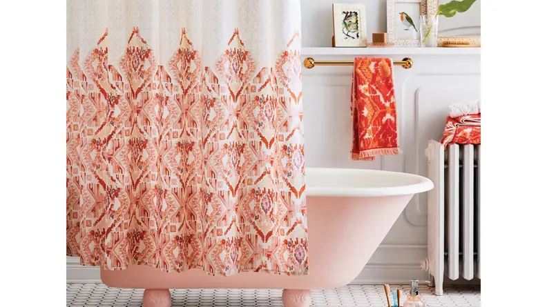 A colorful shower curtain