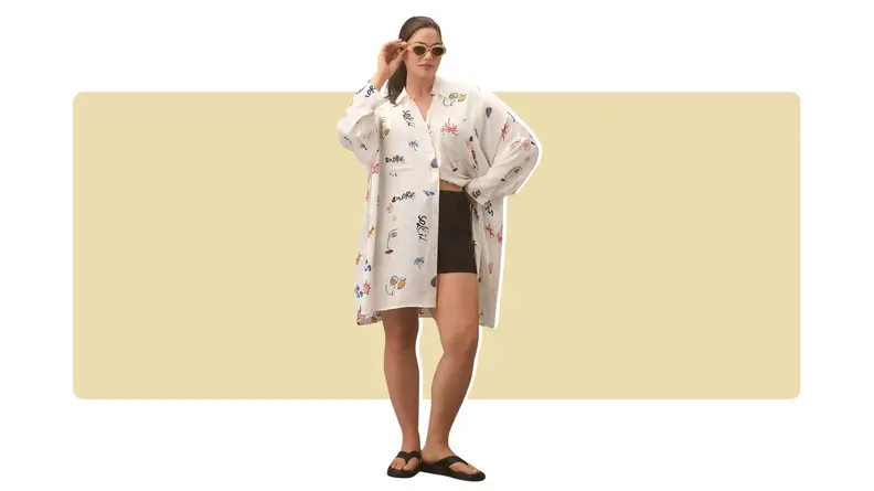 An oversized shirtdress with an illustrative Italian print.