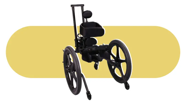A black KidWalk gait trainer on a yellow background
