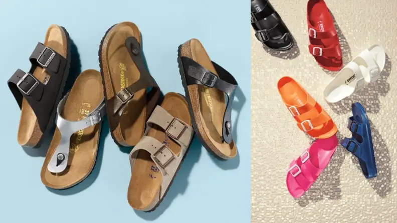 An array of Birkenstock shoes in various colors.