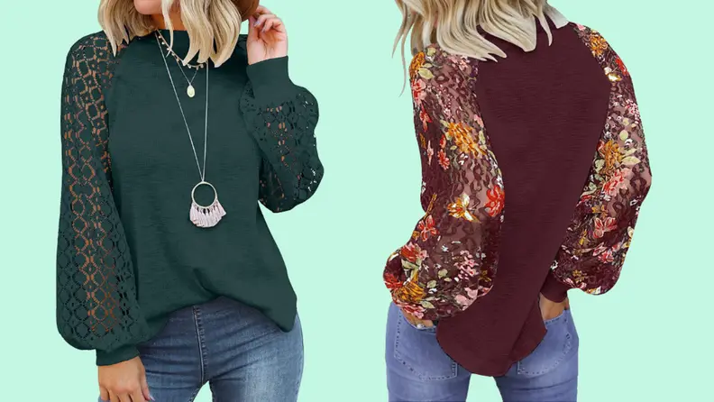 A shirt with lace sleeves, seen in green and also burgundy with printed lace sleeves.