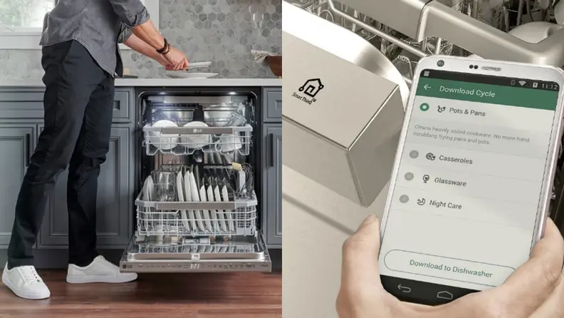 Two shots of a person getting dishes out of a dishwasher next to a shot of a hand holding up a smartphone displaying an app.