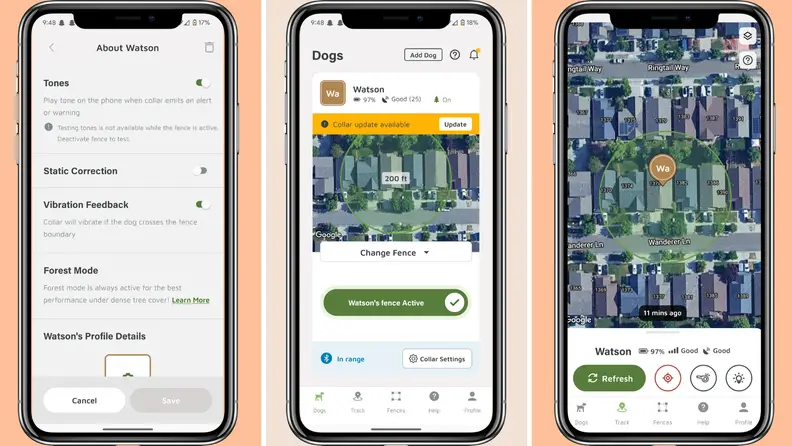 Three smartphone screenshots of the SpotOn Tracker.