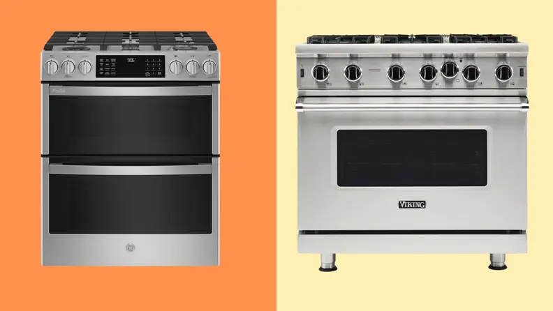 On the left, GE Profile's version of a range with a double oven. At the right, a pro-style Viking range.