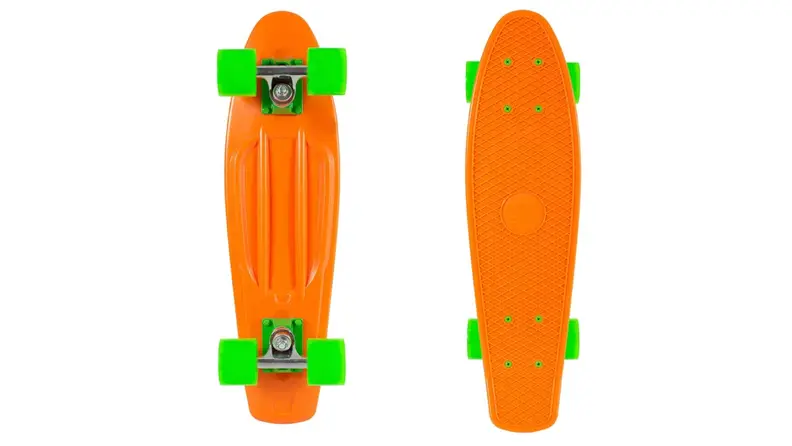 An orange and green skateboard