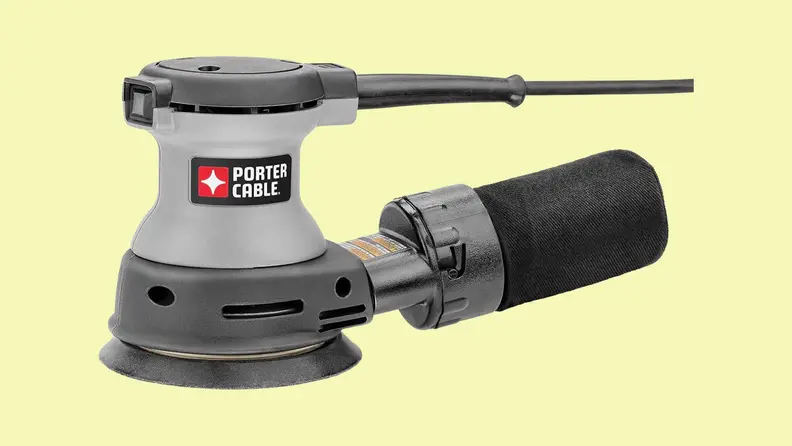 The Porter random orbital sander appears on a yellow background