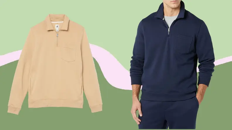 A tan half-zip sweatshirt and a man wearing a navy version