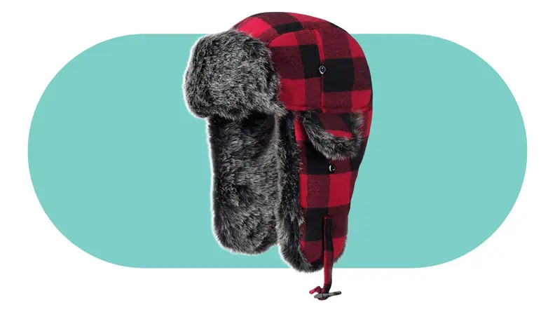 A buffalo plaid aviator hat with fur-lined ear flaps.