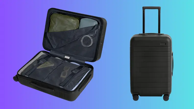 Two pieces of luggage on a purple and blue background
