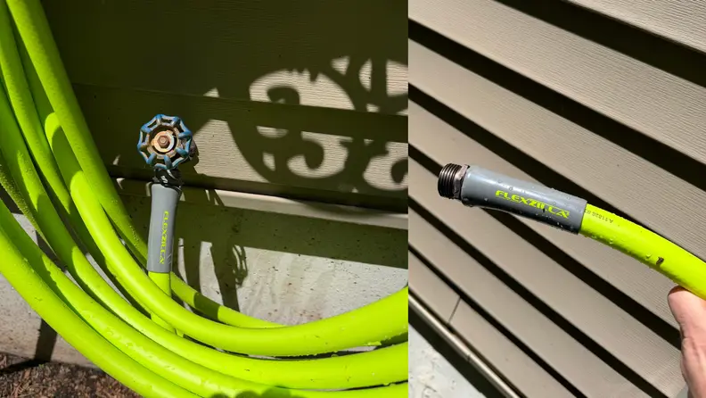 A double image, one of a coiled hose, and the other of the end of a hose