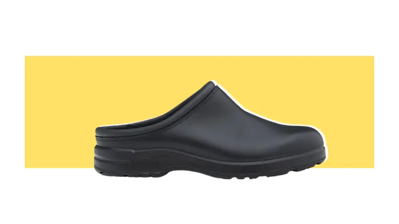 Black slip-on clogs.