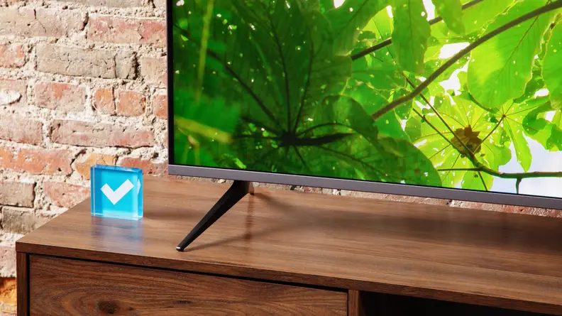 Image of the lower corner of a Roku Plus Series QLED TV with vibrant green foliage onscreen.
