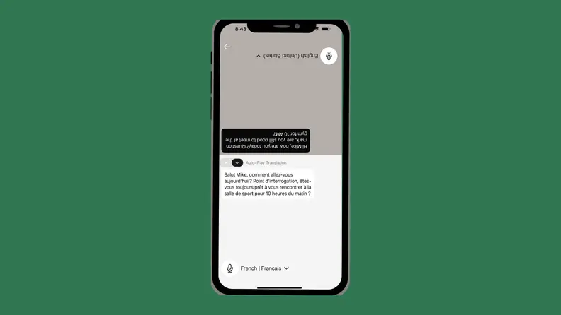 On a green background, an iPhone shows the Elehear app and a translation from English to French