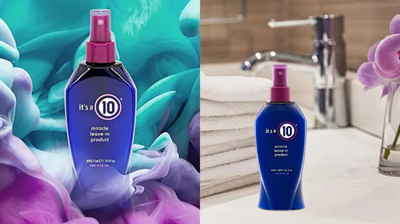 On the left: The It’s A 10 Miracle Leave-In stands on a green, blue, and purple wavy background. On the right: The blue bottle of It’s A 10 Miracle Leave-In sits on the side of a white sink.