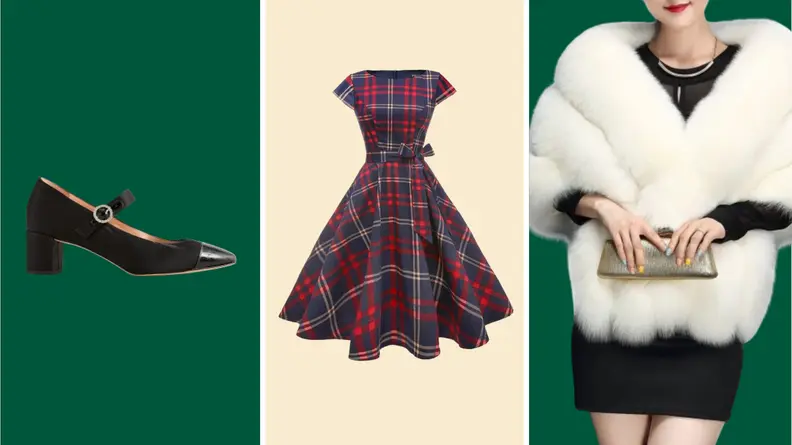 A black Mary Jane heel with a low block heel, a '50s swing dress in plaid fabric, and a model wearing a white faux fur stole.