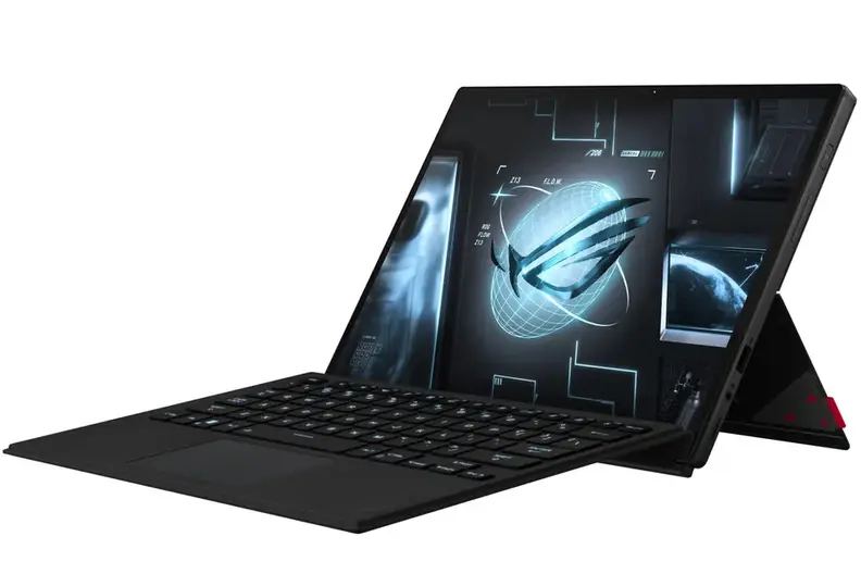 A three-quarter view of a black laptop/tablet with a keyboard