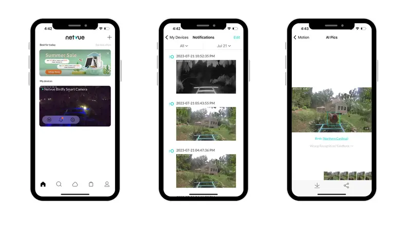 Three screen shots of the Netvue app appear in smartphone frames.
