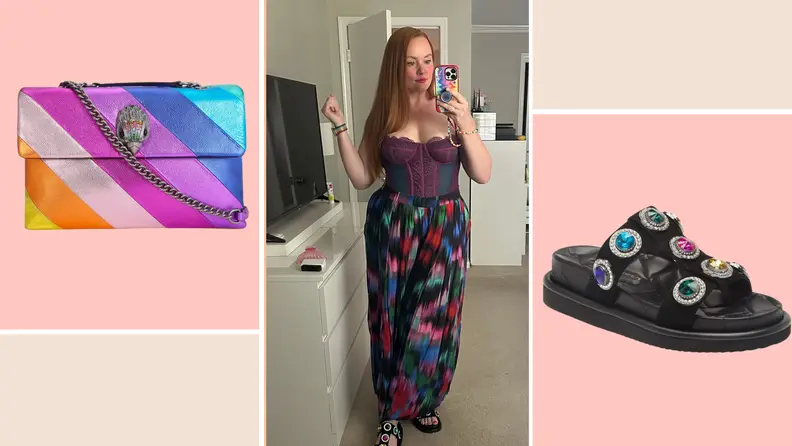 woman in corset top and sirt with product images of sandals and rainbow bag