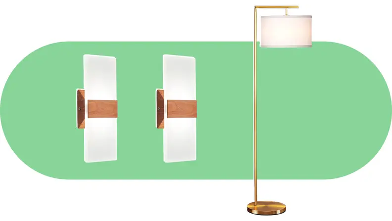 Two rectangle wall-mounted lights with wood accents next to a gold floor lamp with a white lamp shade.