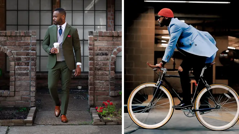 A photograph of a man wearing a green three-piece suit, and also a photograph of the same man riding a bike wearing a blue coat with a red beanie.