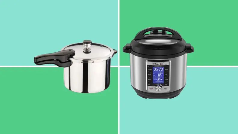 Traditional pressure cooker and Instant Pot sitting on a green checkered background.