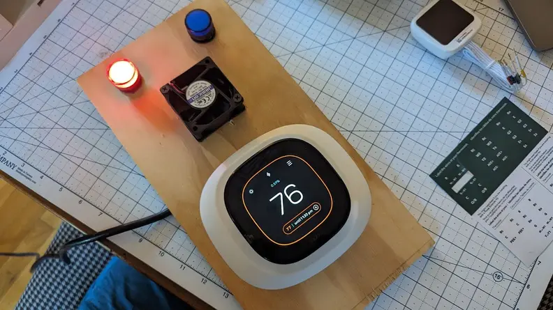 The Ecobee Enhanced appears on a simulated HVAC system, created for testing by the Reviewed chief scientist.