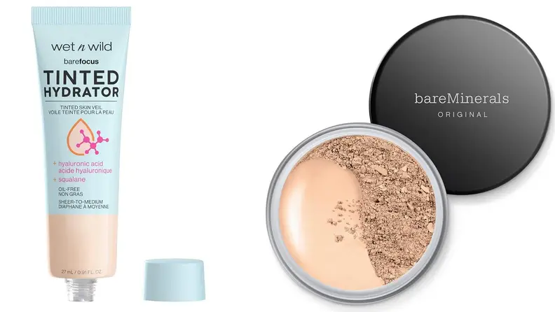 A side-by-side of Wet N Wild Tinted Hydrator & Bare Minerals foundation