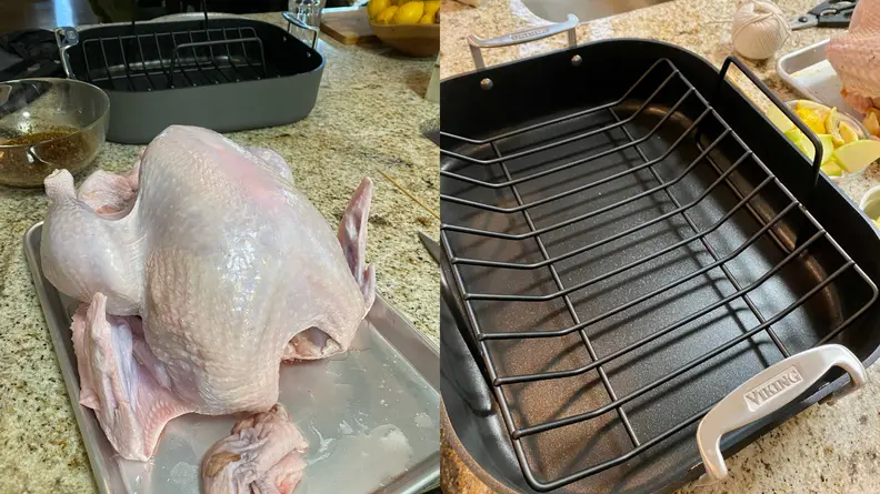Left: A raw turkey on a baking sheet. Right: A roasting pan with a wire rack.