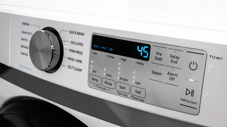 The control panel and touchpad for the Samsung WF45R6100AW washer.