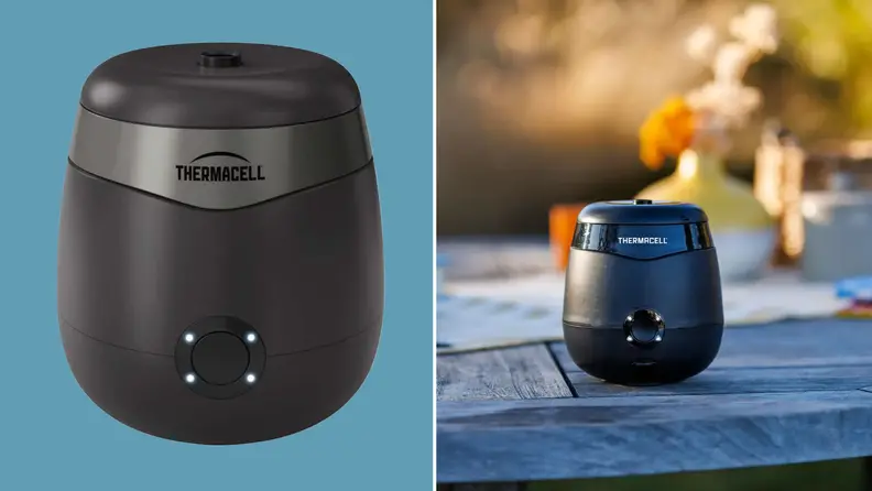 On left, black Thermacell E55 Rechargeable Mosquito Repeller device next to device sitting on top of wooden picnic table outdoors on sunny day.