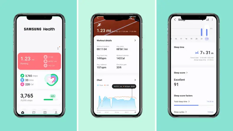 Three iPhones featuring the Samsung Galaxy Watch 6 app on the screens.