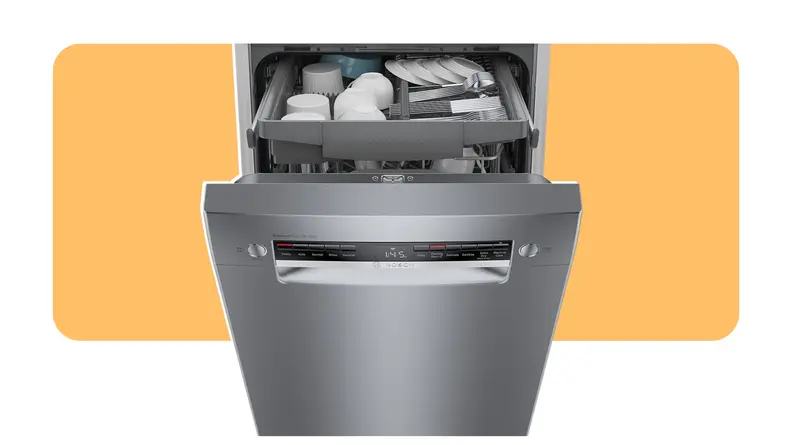 A silver Bosch 300 Series dishwasher on an orange background.