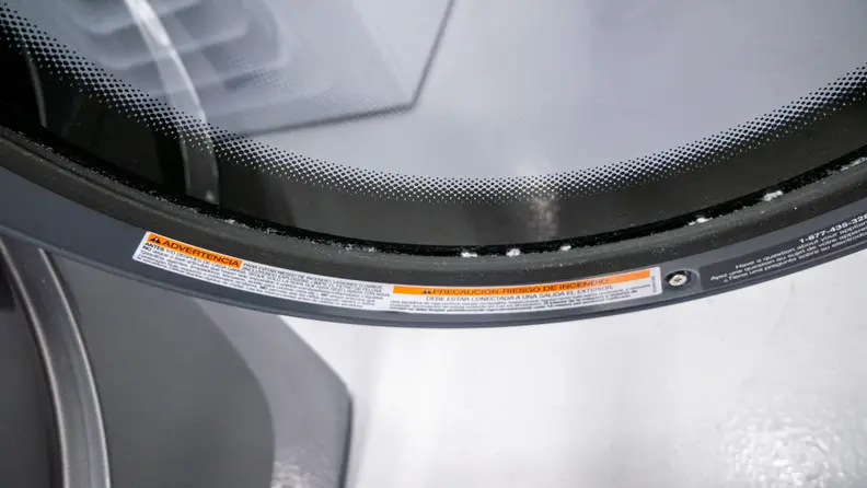 A dusting of lint covers the Electrolux dryer’s gasket.