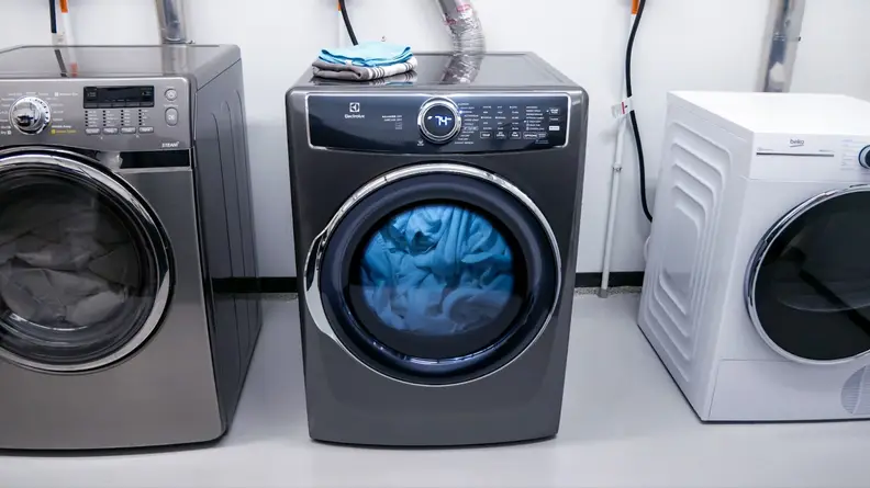 The Electrolux ELFE7637AT dryer set up in our laundry testing lab.