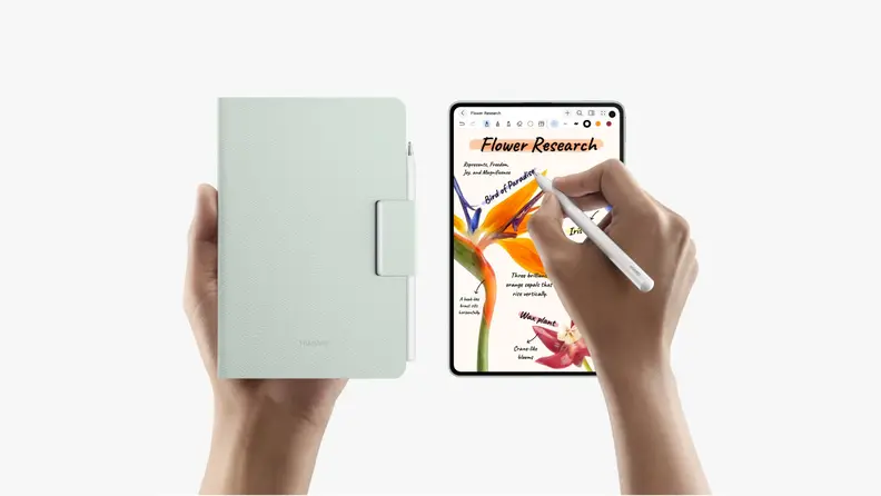 Huawei MatePad Mini tablet shown with stylus and folio cover, demonstrating handwriting and drawing on its display.