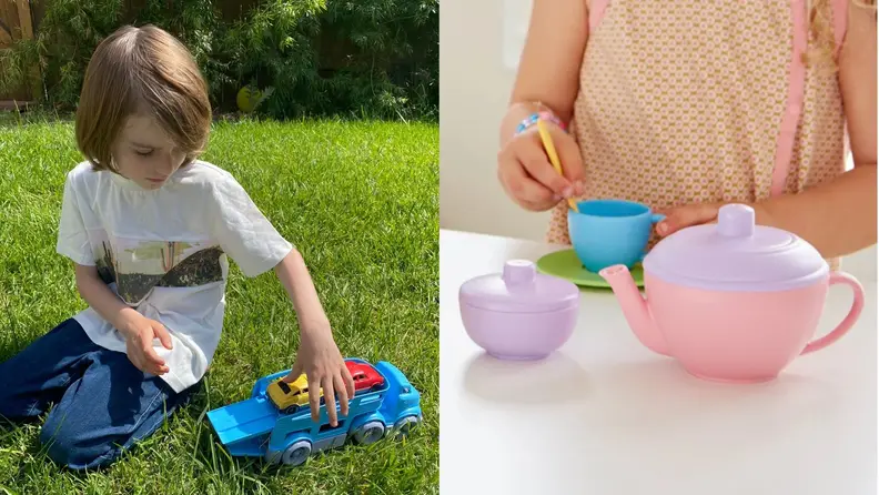 On one side, a child plays with a car transporter. On the other side a child plays with a pastel tea set.