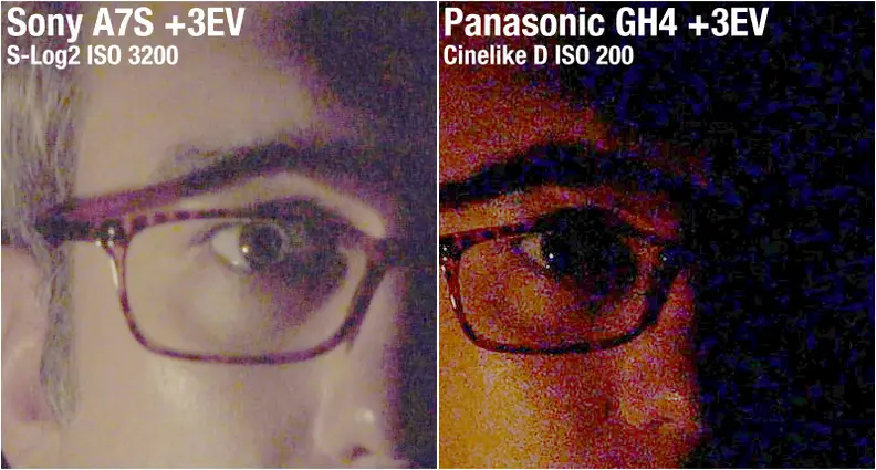 In these 100% crops you can see the noise profile of both cameras if you push exposure up by about three stops. The GH4 has ugly blue splotches while the A7S gives a more uniform look.