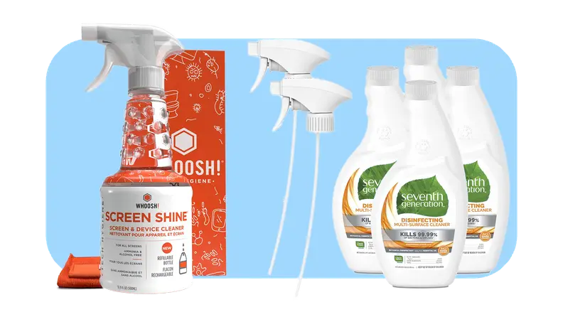 Product shots of two bottles of Whoosh! Screen Shine and  Seventh Generation Disinfecting Multi-Surface Cleaner.