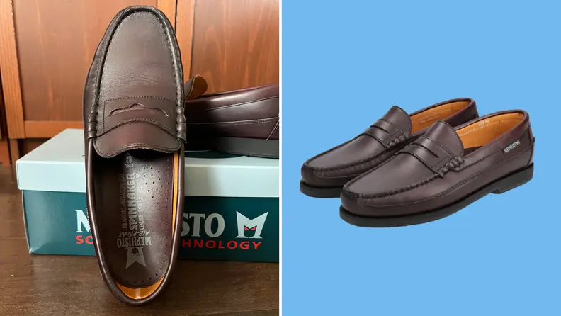 A close-up of a pair of Mephisto loafers, and also a product shot of the same shoes.